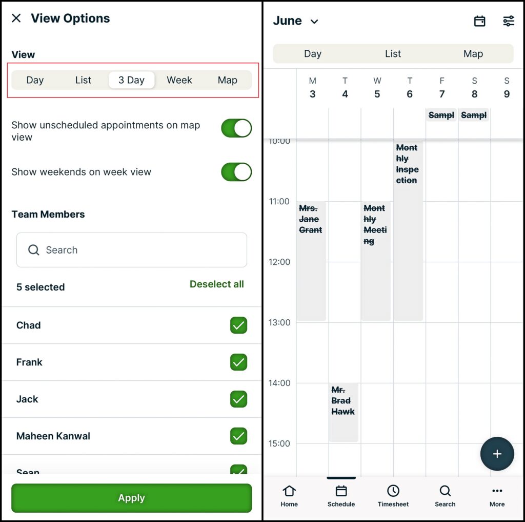 The Jobber scheduling view on the mobile app, showing different view options, such as by day, 3 days, week, map, or list modes, on the left, and the actual tasks view on the calendar on the right.