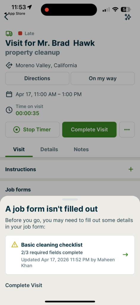 Jobber mobile app screen showing a job visit in progress with a timer, action buttons, and a checklist warning that required fields must be completed before finishing the visit.