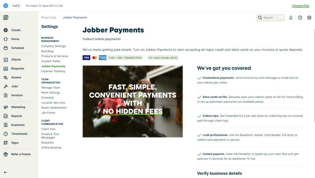 Jobber Payments settings page showing payment options, fees, and features like contactless payments, card storage, and instant payouts.