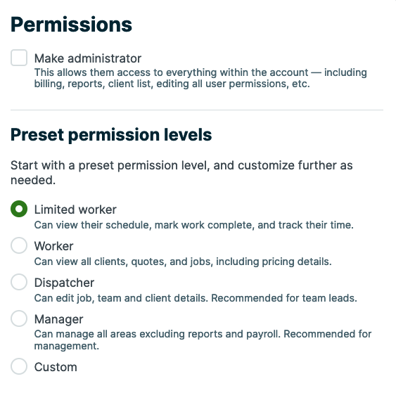 Jobber&rsquo;s permission levels on the desktop version, including worker, manager, dispatcher, limited worker, and custom levels.