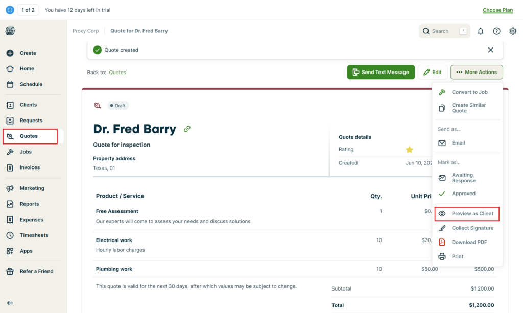 The Jobber quotes creation view on the desktop version, with a draft of a quote for inspection, including product or service, quantity, price, and total costs. There&rsquo;s also an option to preview the quote as a client. 