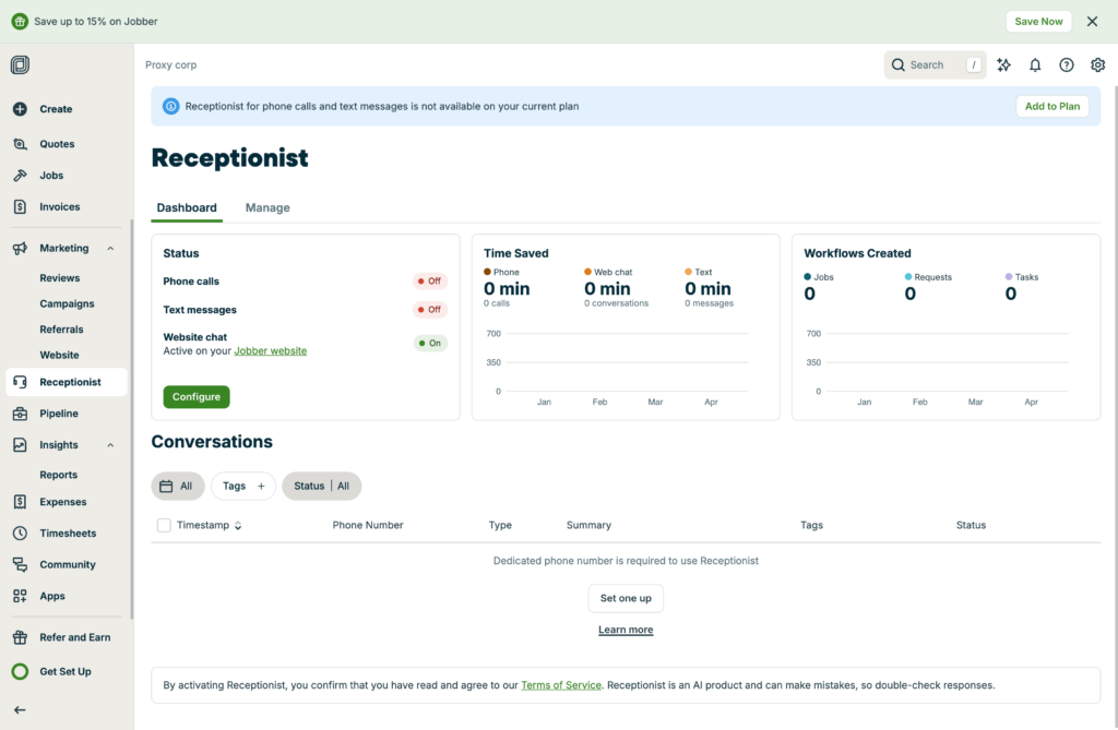 Jobber&rsquo;s AI Receptionist dashboard (not available in the trial) shows automated call and chat handling, but requires a paid plan to access