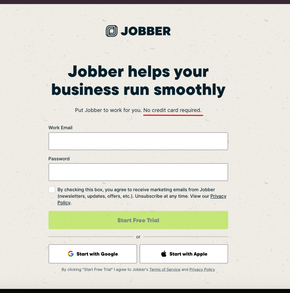 Screenshot of Jobber&rsquo;s signup page showing a headline, email and password fields, a consent checkbox, a &ldquo;Start Free Trial&rdquo; button, and options to sign up with Google or Apple.