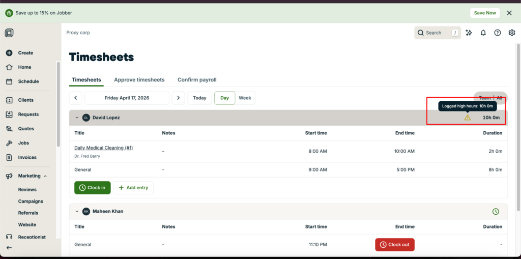 Jobber timesheets page showing employee work hours, time entries, and a &ldquo;logged high hours&rdquo; alert for long shifts.
