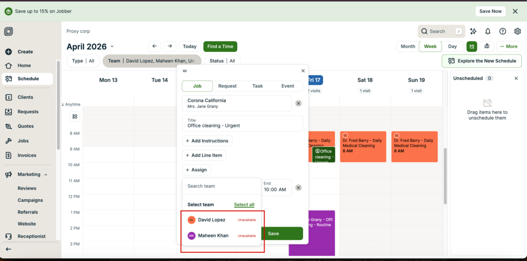 Jobber scheduling screen showing a calendar view with a job assignment pop-up, where team members are marked unavailable due to overlapping jobs.