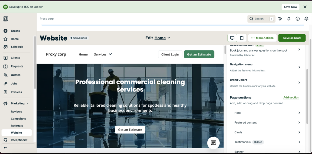 Jobber website builder showing a homepage editor with a service website preview, navigation menu, and page customization options.