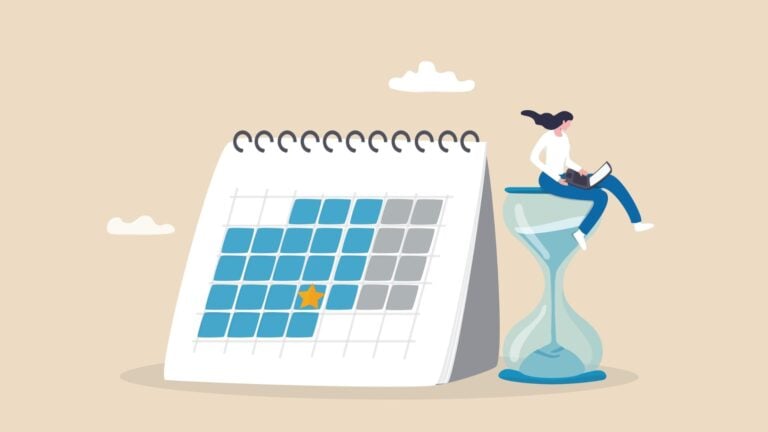 An illustration of a female employee sitting on an hourglass next to a schedule