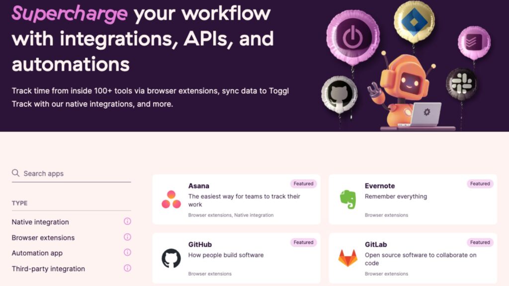 A screenshot of the Toggl integrations page
