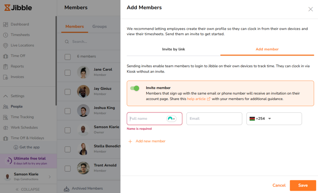 Screenshot showing Jibble&rsquo;s employee management page. 