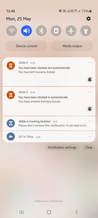 Screenshot showing Jibble&rsquo;s automatic clock-in/out notification.