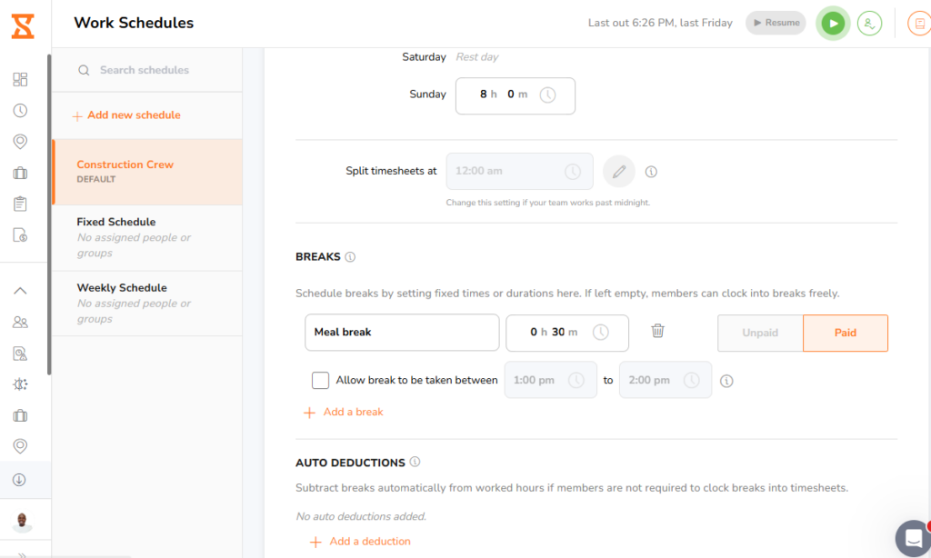 Screenshot showing Jibble&rsquo;s break settings page. 