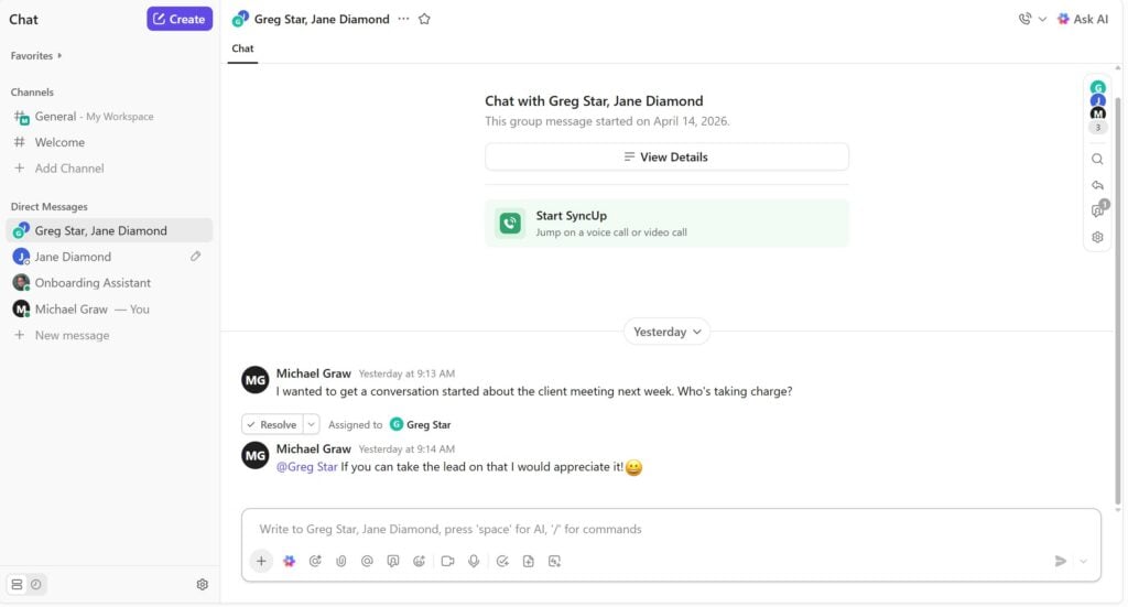 A group chat in ClickUp showing 3 people discussing a client meeting next week. The left-hand sidebar shows additional chat channels and direct message channels.