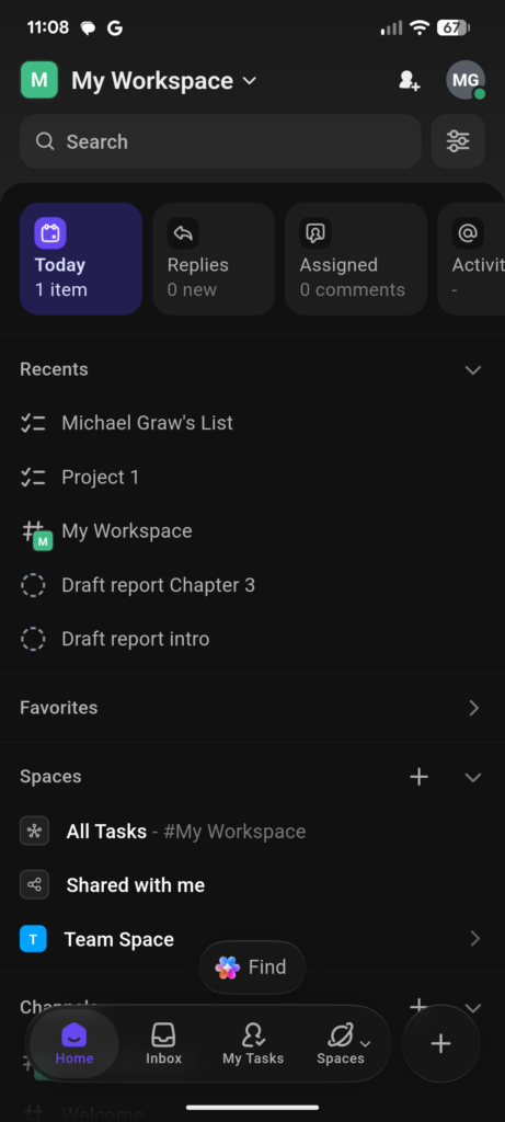 ClickUp mobile app homescreen showing recent projects, including a draft report and a “My Workspace” project.