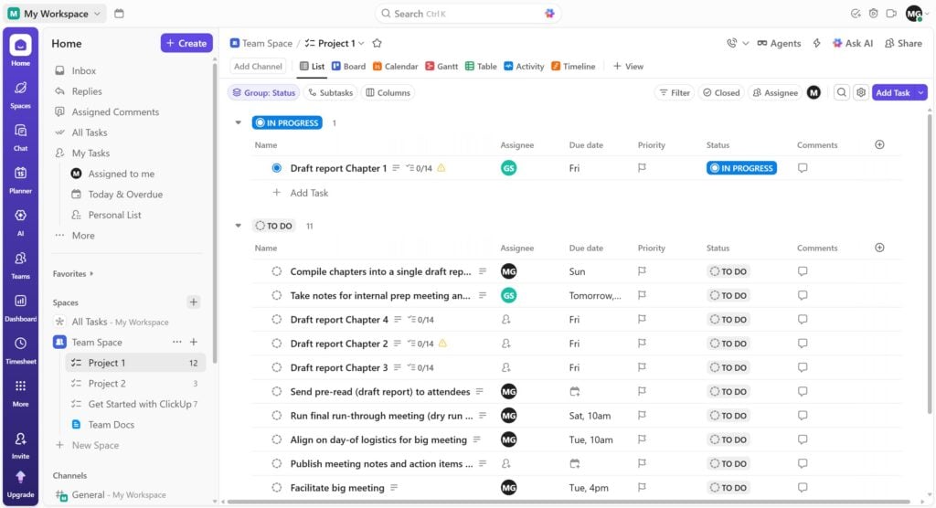 ClickUp screenshot showing a project and task list. The task list includes various tasks related to drafting a report, along with their assignee, due date, priority, and status.