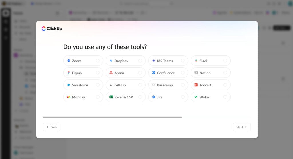 ClickUp’s setup wizard asks which other software tools (like Zoom and Slack) you use.