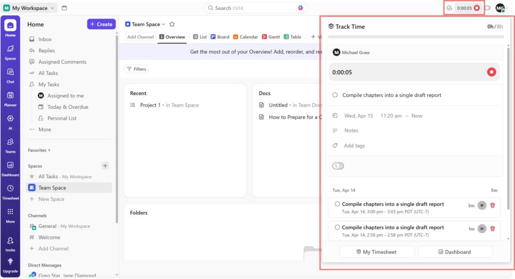 ClickUp’s time tracker tool is open as a pop-up on the right side of the screen. It shows previous time entries for this task as well as options to add tags or notes.