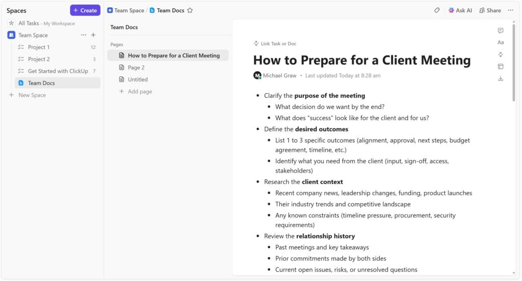A document titled “How to Prepare for a Client Meeting” with a bulleted list of steps open within ClickUp.