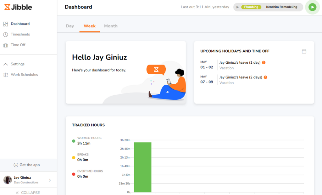 Screenshot showing the employee version of Jibble&rsquo;s web app.