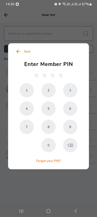 Screenshot showing Jibble time clock kiosk UI