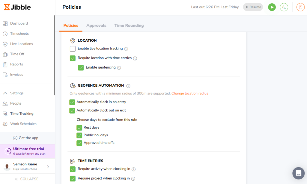 Screenshot showing Jibble&rsquo;s geofence settings page.