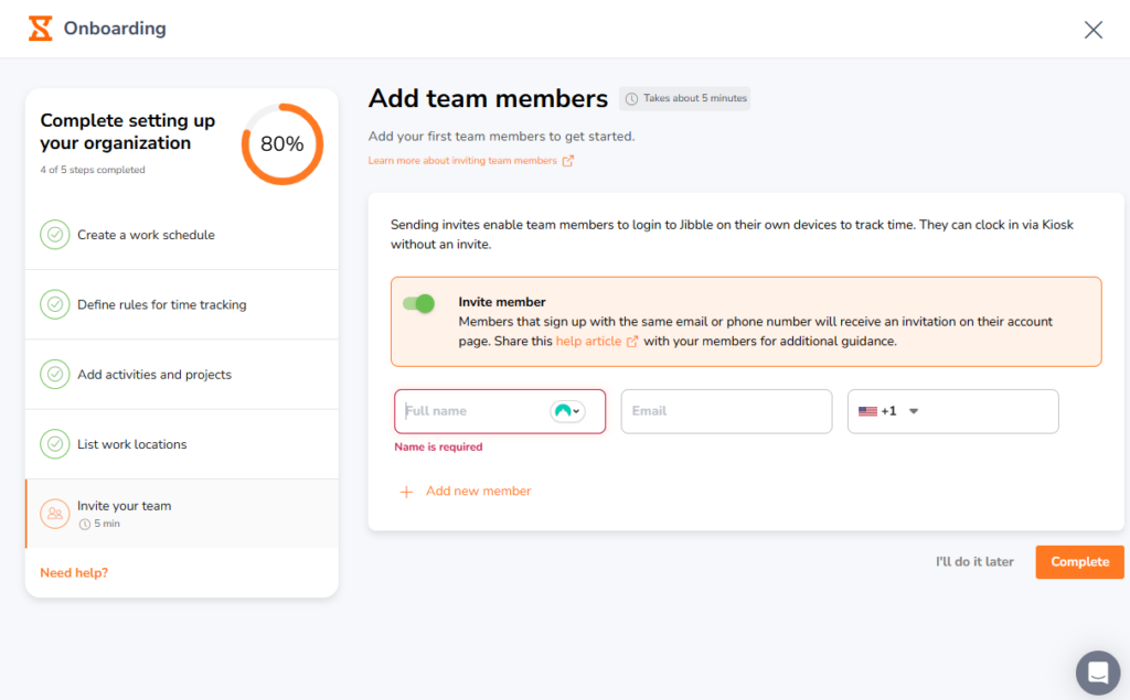 Screenshot showing Jibble&rsquo;s onboarding wizard.