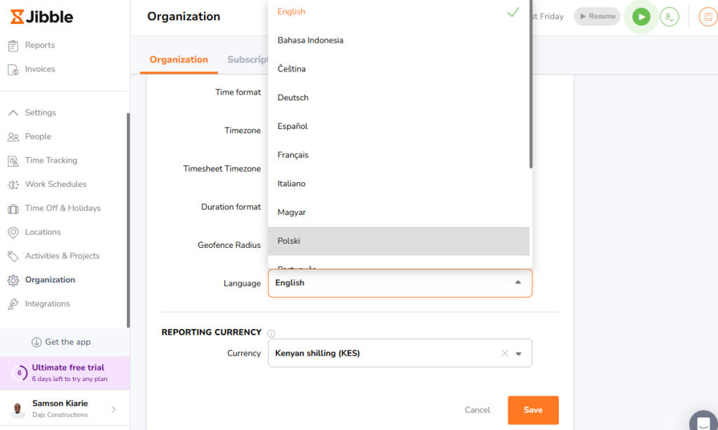 Screenshot showing Jibble&rsquo;s language options. 