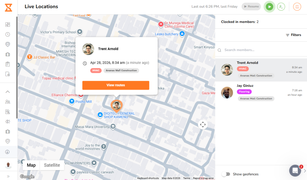 Screenshot showing Jibble&rsquo;s live location.