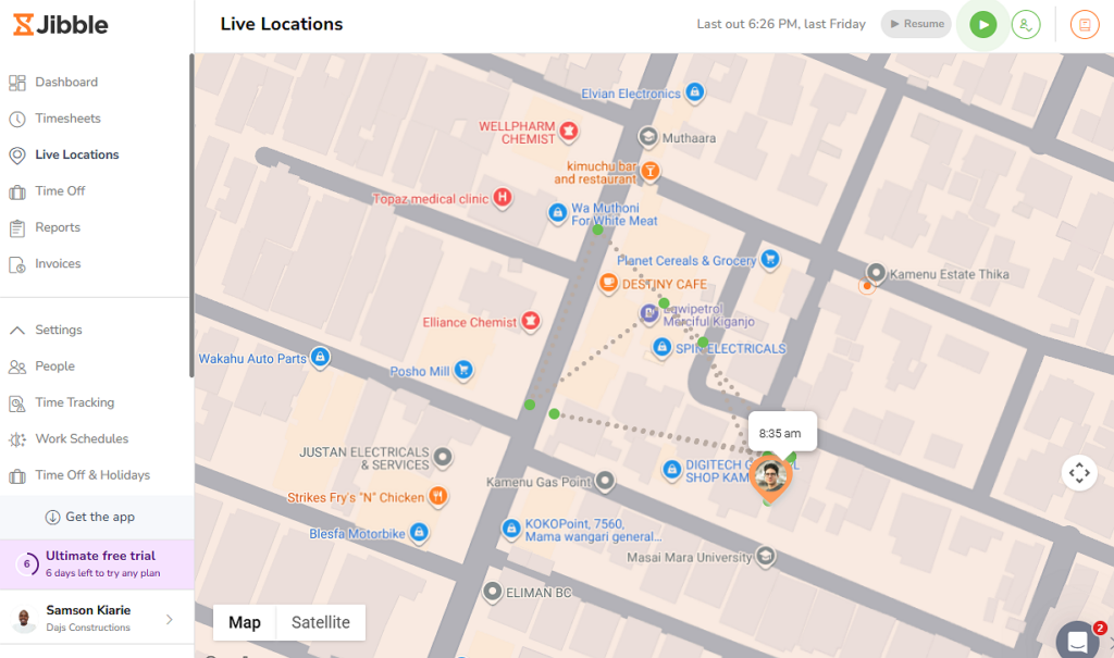 Screenshot showing Jibble&rsquo;s route map. 