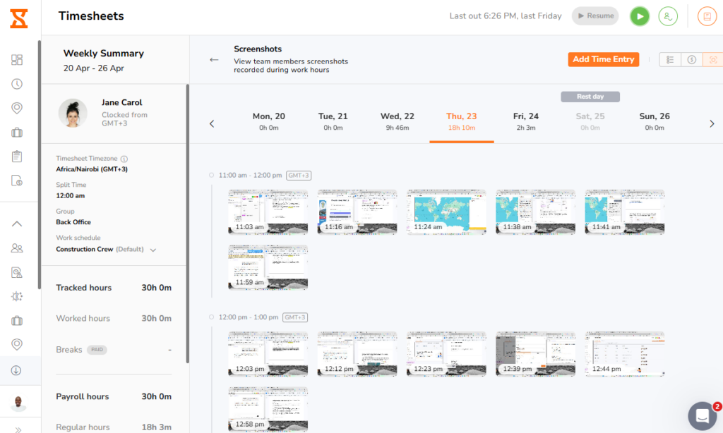 Screenshot showing a timesheet&rsquo;s screenshot view.