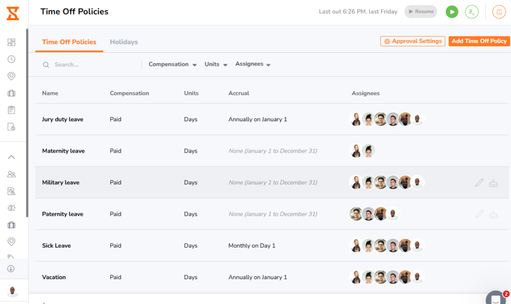 Screenshot showing Jibble&rsquo;s time off policies page.