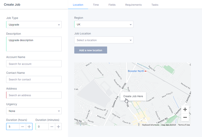 Screenshot of Skedulo’s Create Job form, which includes fields for job type, description, and address, as well as a map for choosing the exact job location.