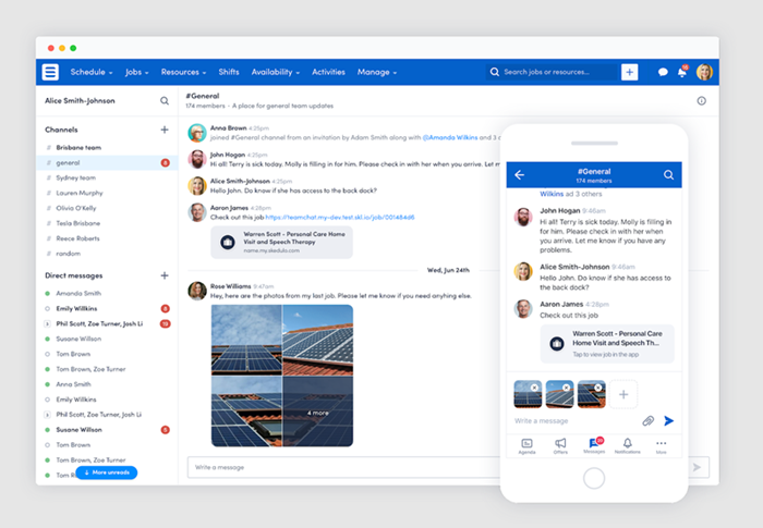 Marketing image showing the messaging interface in both a desktop view and a mobile view. The interface resembles a social media feed, with channels and direct messages.
