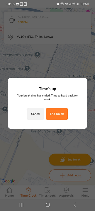 Screenshot showing Jibble&rsquo;s break reminder. 