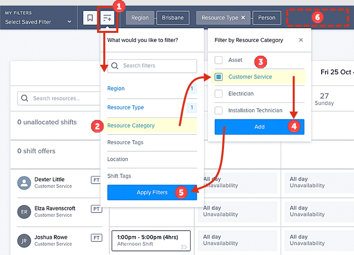 Skedulo’s shift console with filtering options like region, resource type, and category