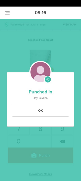 Screenshot showing the clock in confirmation on 7Punches