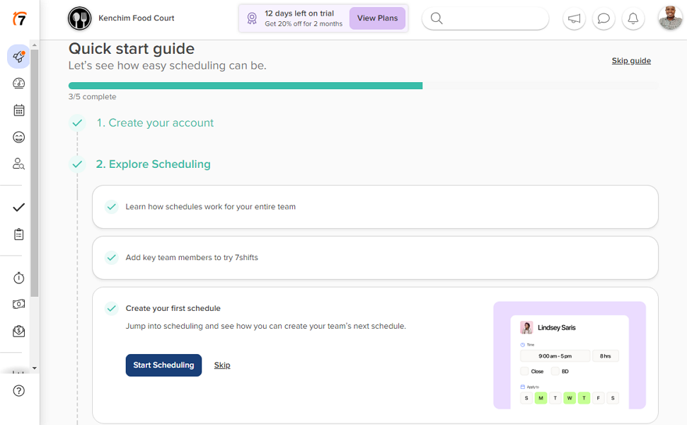 screenshot showing 7Shifts quickstart guide