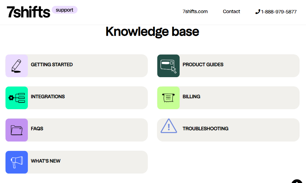 Screenshot showing 7Shifts knowledge base page