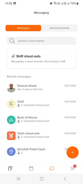 Screenshot showing 7Shifts messages inbox.