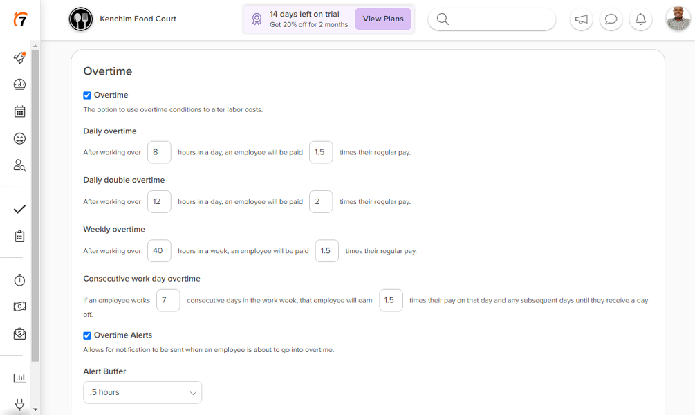 Screenshot showing 7Shifts overtime settings page.