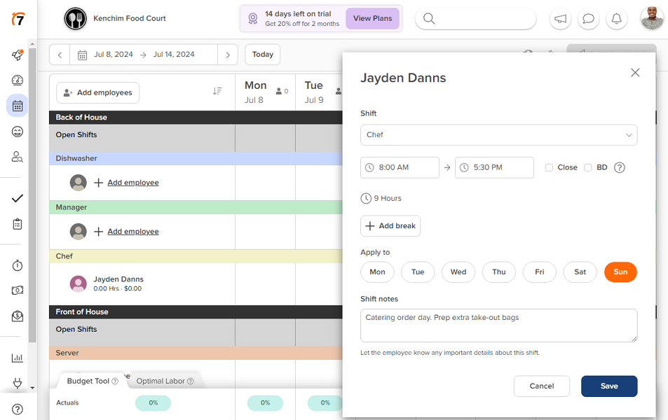 Screenshot showing 7Shifts scheduling page