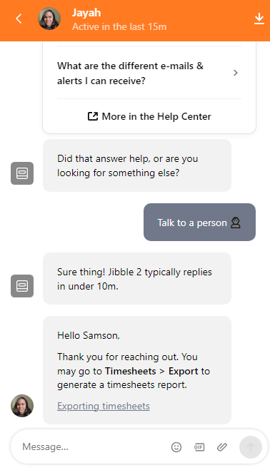 Screenshot of Jibble live chat