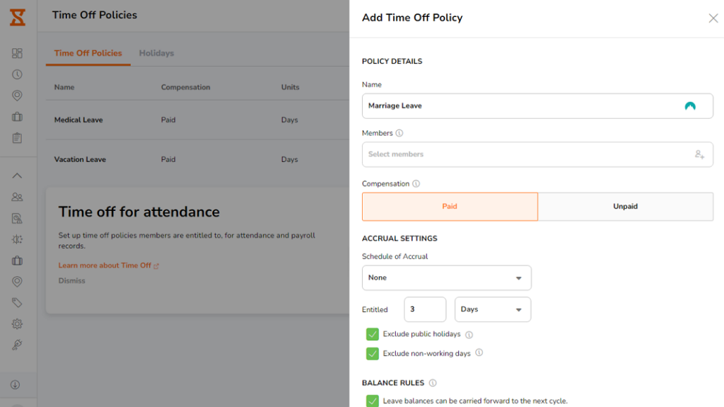 Screenshot showing Jibble’s PTO policy settings page