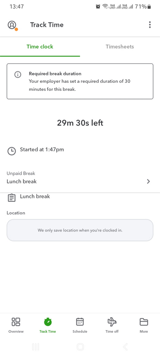 Screenshot showing QuickBooks Time’s break mode.