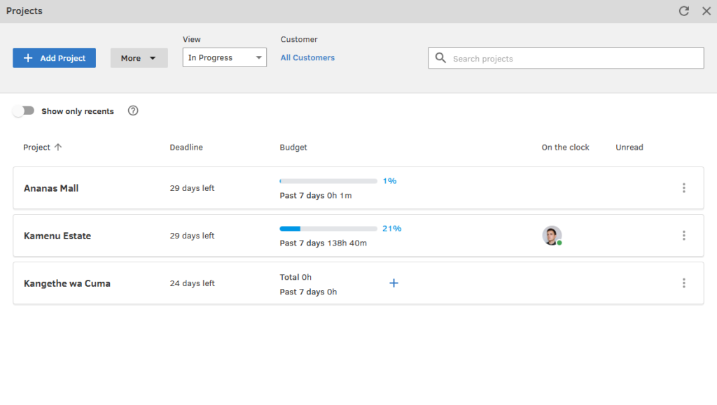 Screenshot showing the QuickBooks Time projects page.