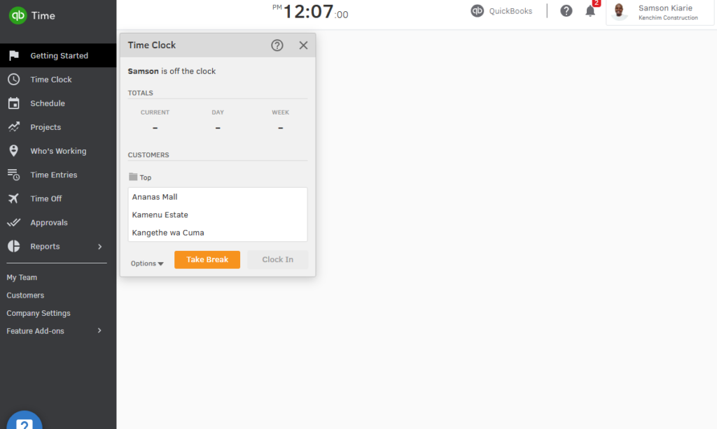 Screenshot showing QuickBooks Time web app UI.