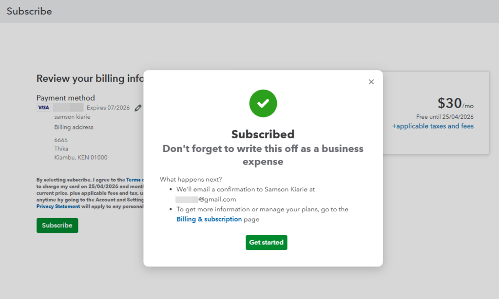 Screenshot showing QuickBooks Online subscription page.