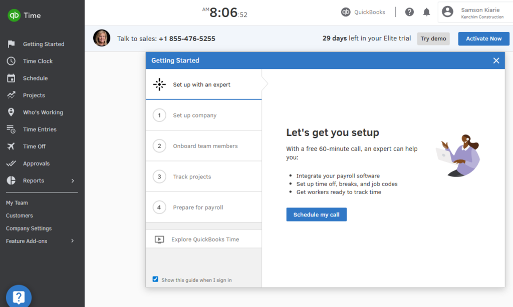 Screenshot showing QuickBooks Time’s get-started wizard.