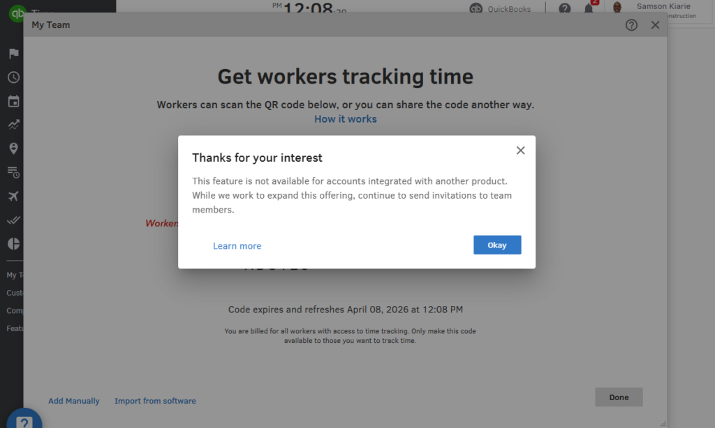 Screenshot showing QuickBooks Time’s QR code error.