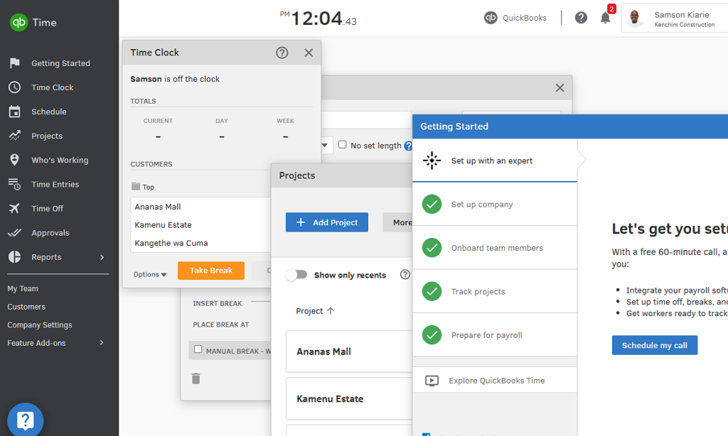 Screenshot showing a messy UI of QuickBooks Time’s web app.