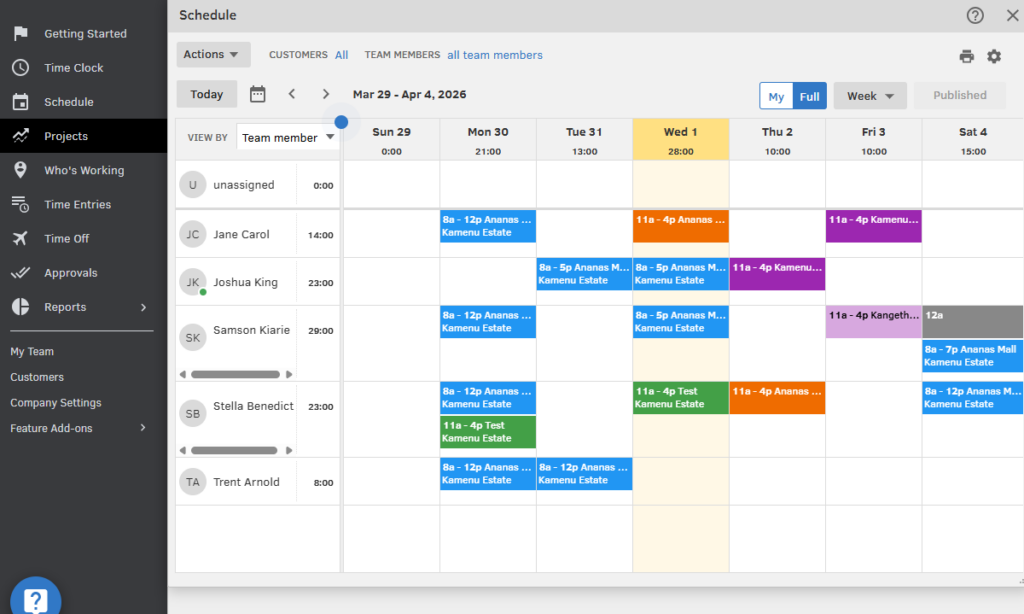 Screenshot showing the schedule on QuickBooks Time.